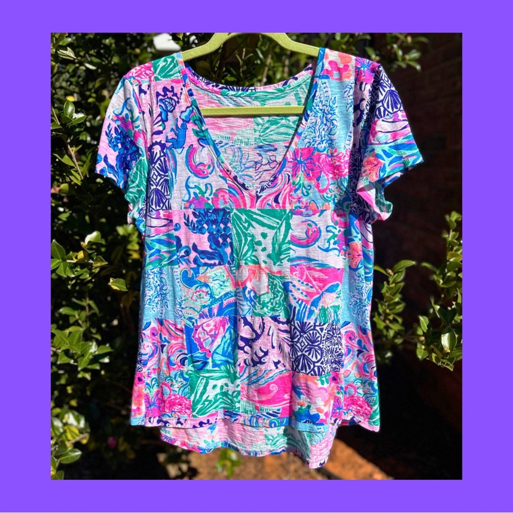 Lilly Pulitzer EUC Multi Patch To Match Etta V-Neck Top   Size Large